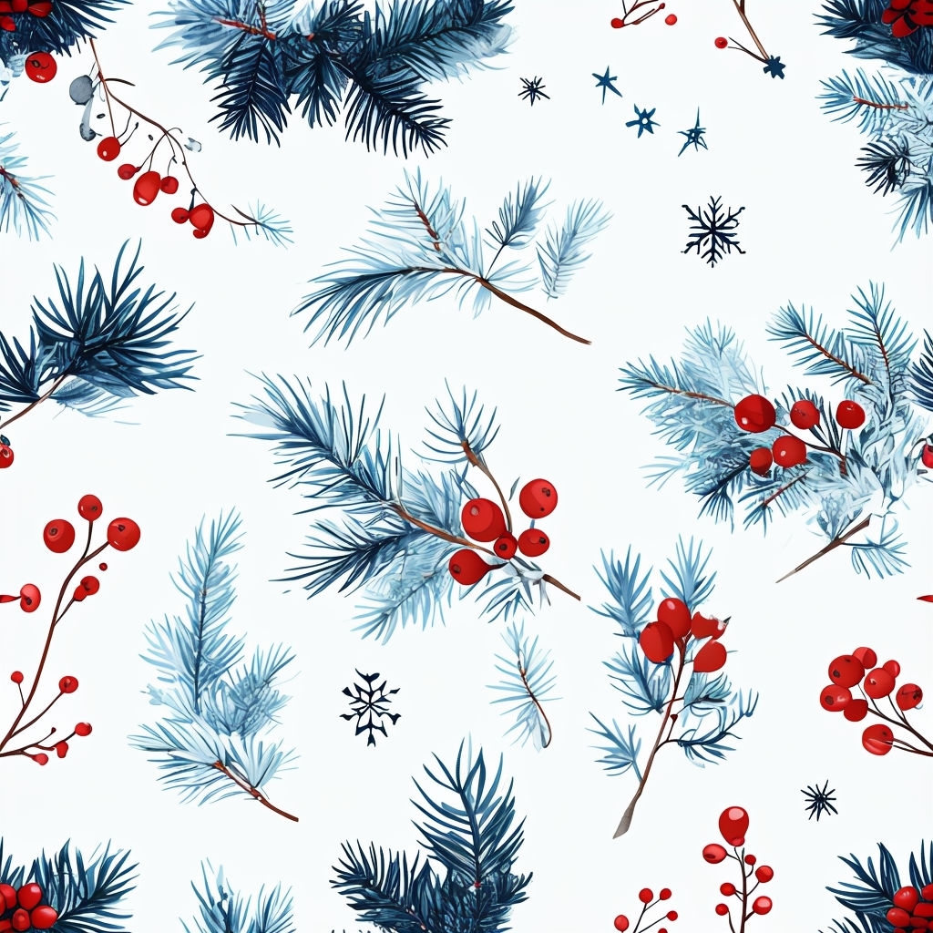 Festive Evergreen Branches and Red Berries Seamless Pattern