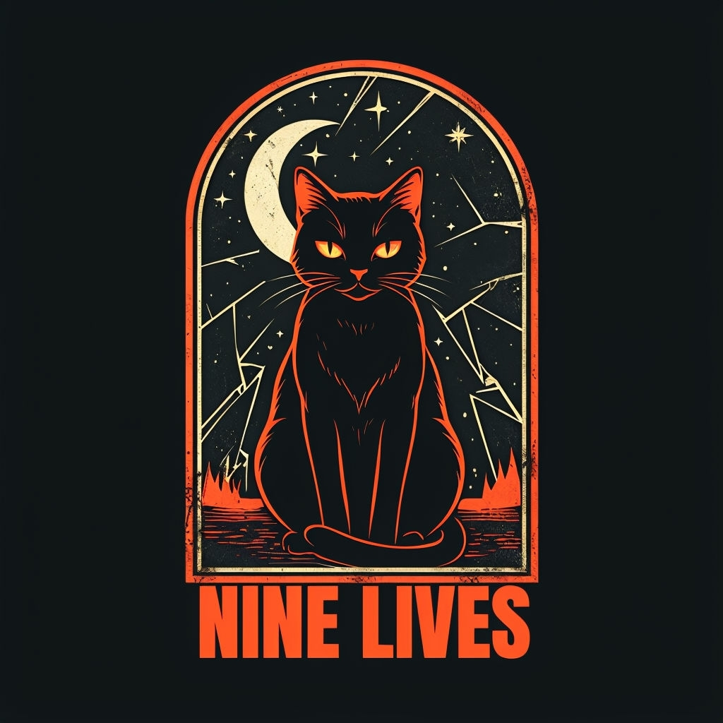 Vintage Black Cat with Nine Lives Tarot Design T-Shirt