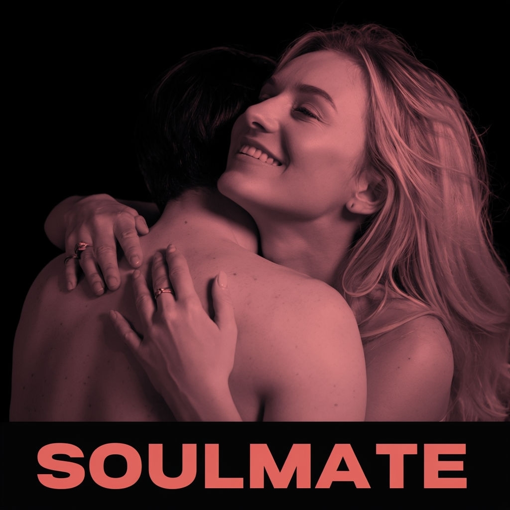 Intimate Red-Tinted Embrace with Soulmate Typography Spotify Album Cover