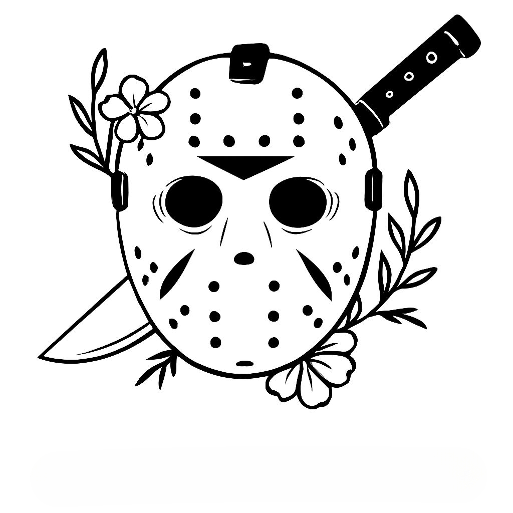 Sinister Black and White Hockey Mask with Knife and Flowers Sticker