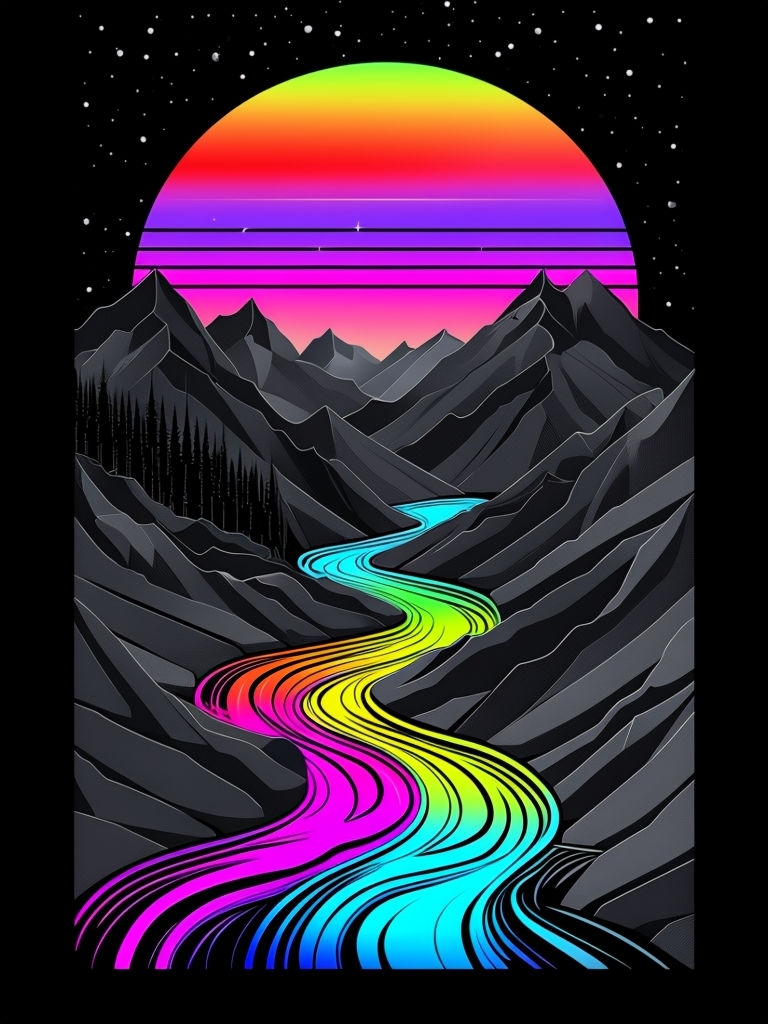 Surreal Neon River in Retro-Futuristic Landscape Art
