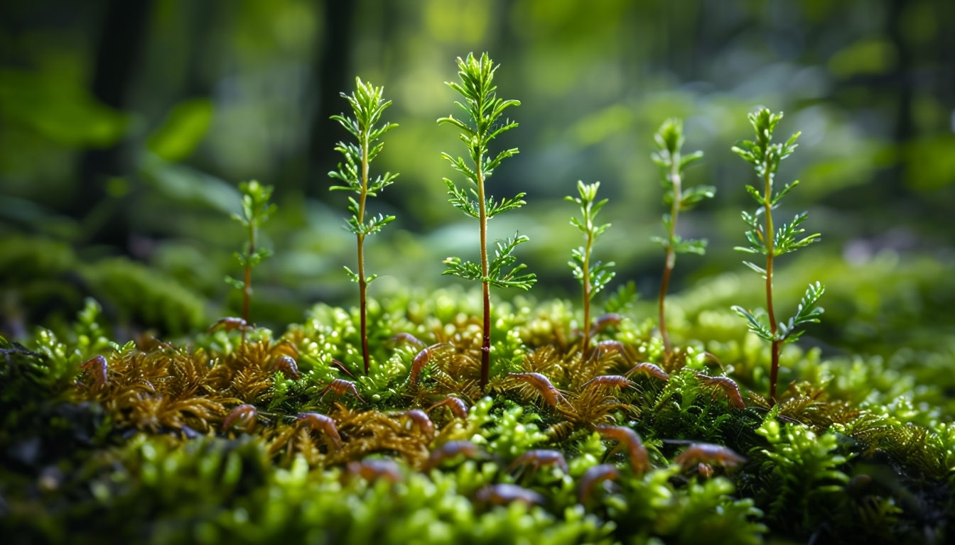 Serene Evergreen Plants on Mossy Forest Floor Virtual Background