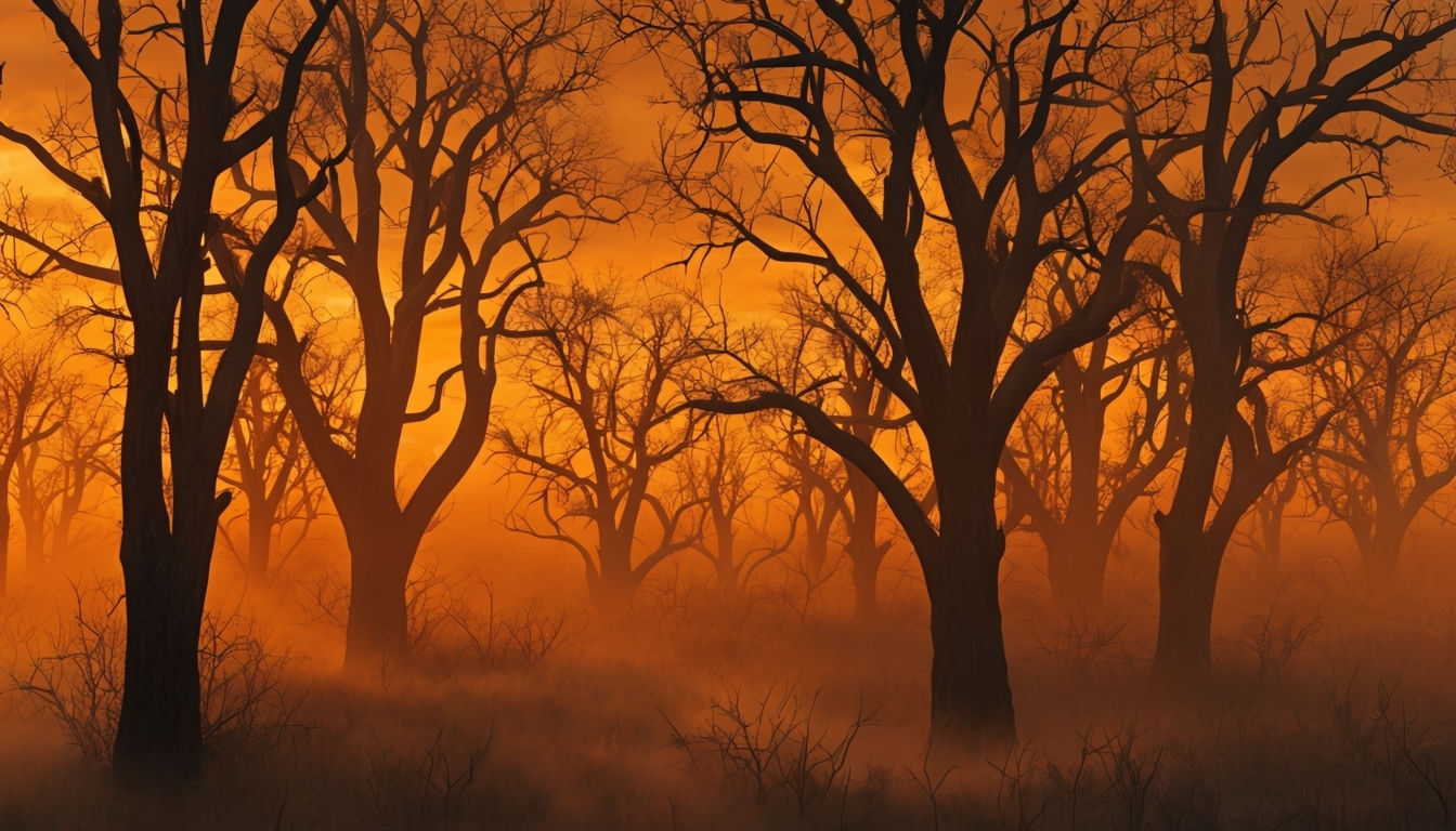 Eerie Amber Forest at Sunset Landscape Photography Background