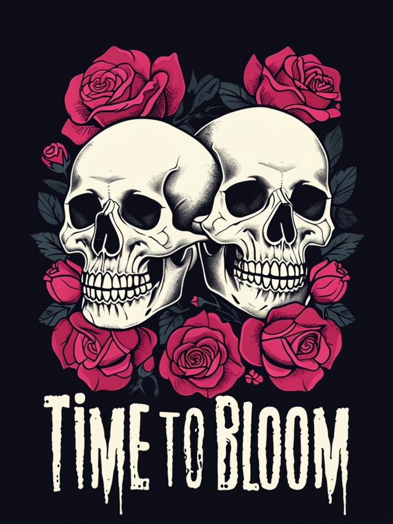 Gothic Skull and Roses Time to Bloom T-Shirt