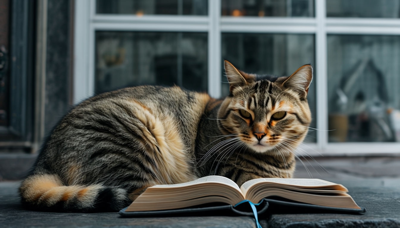 Serene Tabby Cat Reading a Book in Cozy Urban Setting Background