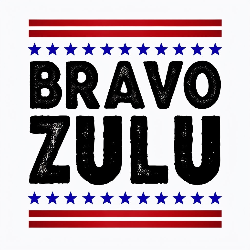 Patriotic Bravo Zulu Graphic Design with Bold Text and Stars Mug