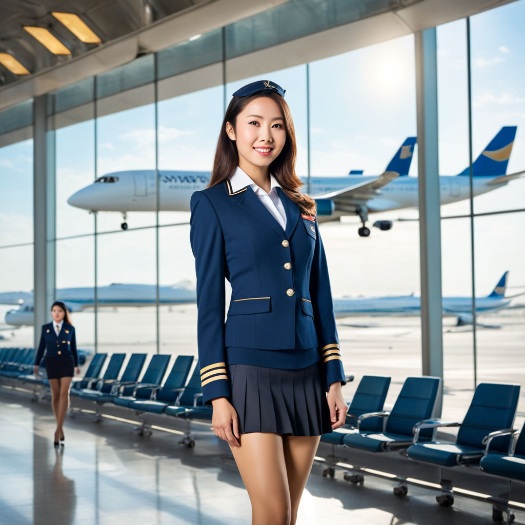 stewardess in uniform near ramp airliner