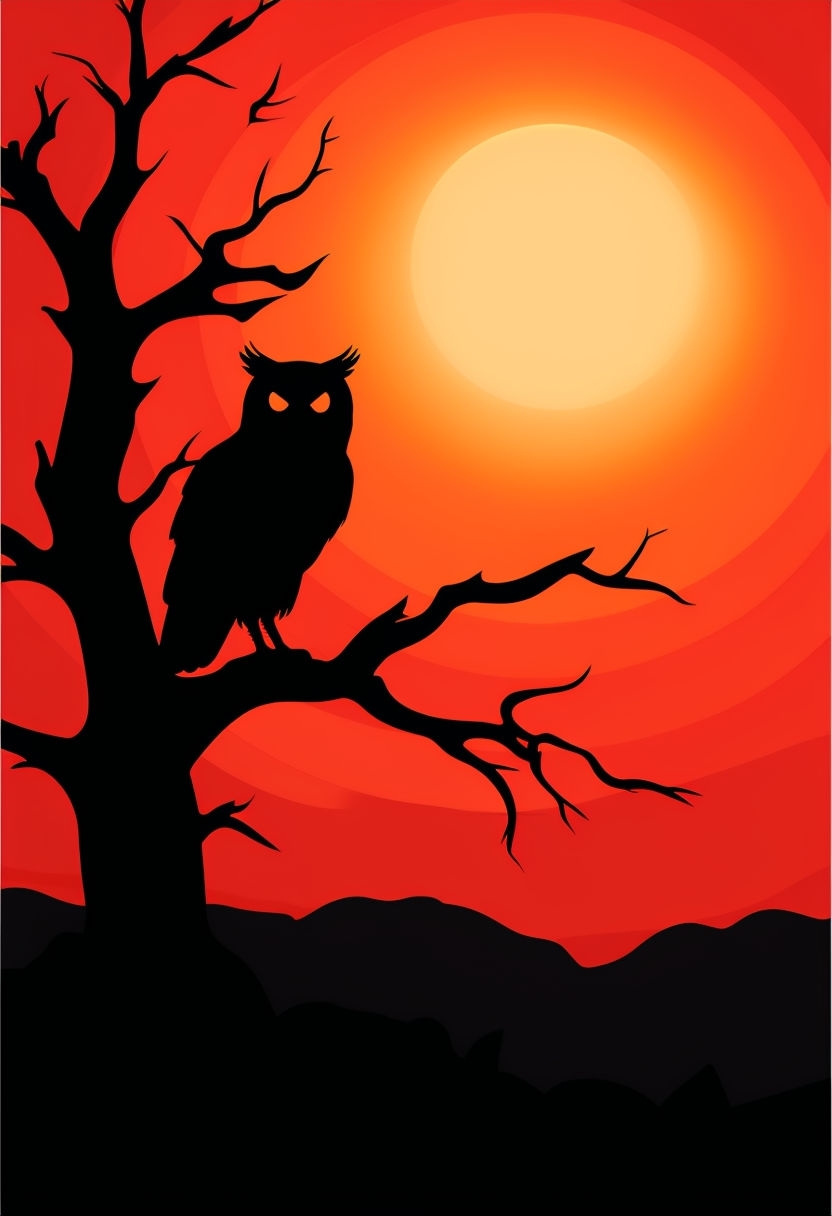 Spooky Owl Silhouette on Vibrant Radial Gradient Background Art