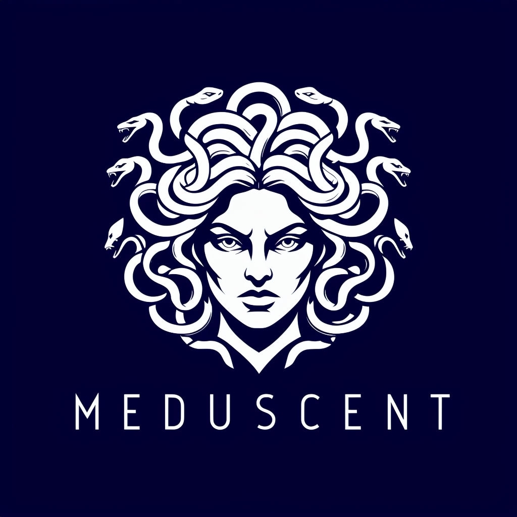 Modern Minimalist Medusa Logo Design in Navy Blue Background