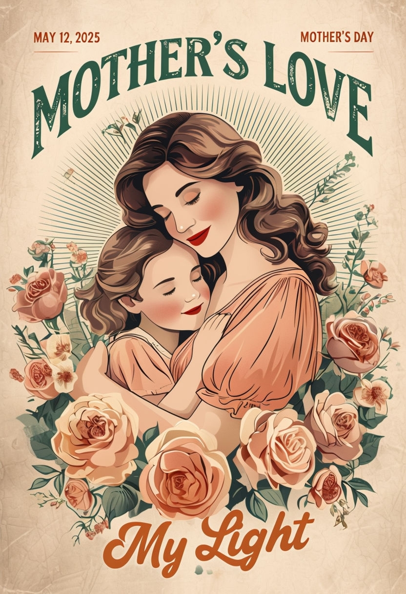 Vintage Mother's Day Embrace Illustration for Affectionate Cards & Invites