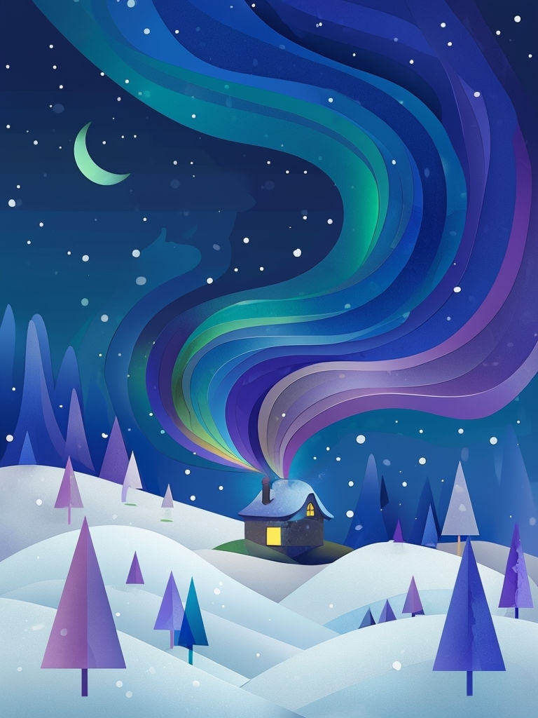 Serene Winter Night Scene with Cozy Cottage and Colorful Smoke Art