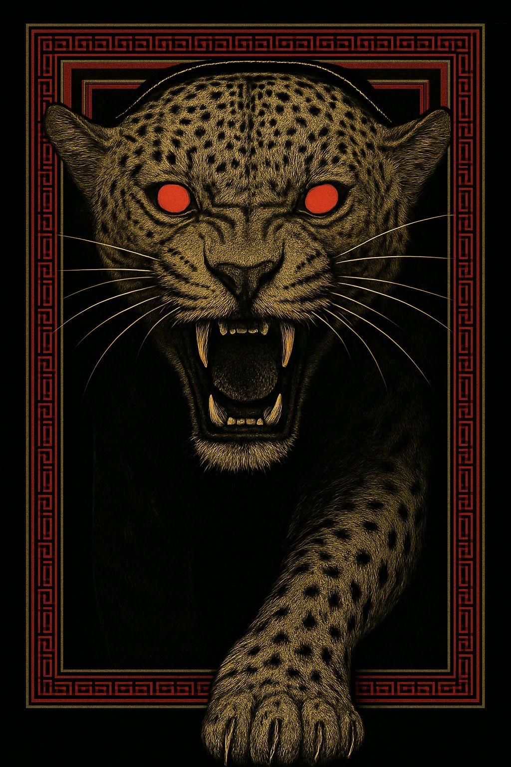 Fierce Leopard Illustration with Eerie Red Eyes and Ornate Border Poster