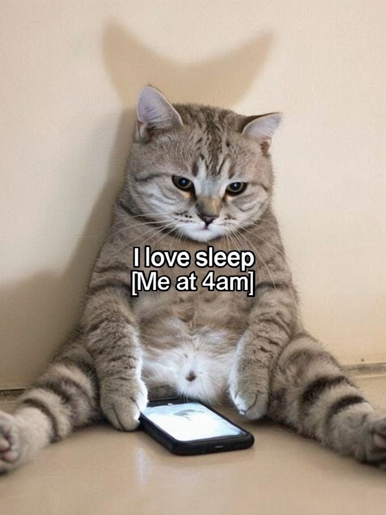 Cat Watching Phone Video with a Funny I Love Sleep Meme