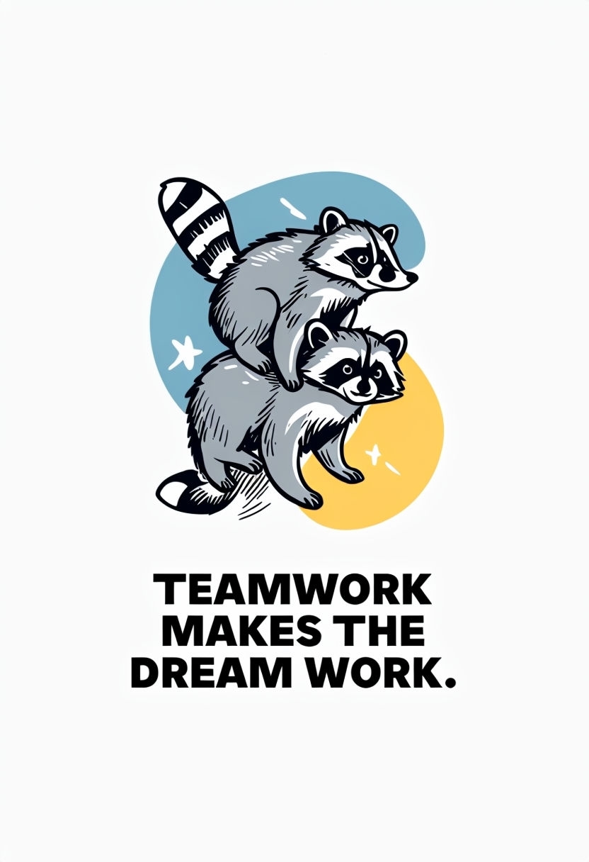Playful Raccoon Teamwork Cartoon Illustration Card Design