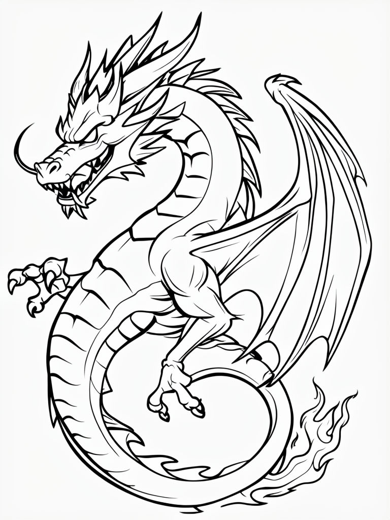 Dynamic Black and White Dragon Illustration for Coloring Book Pages
