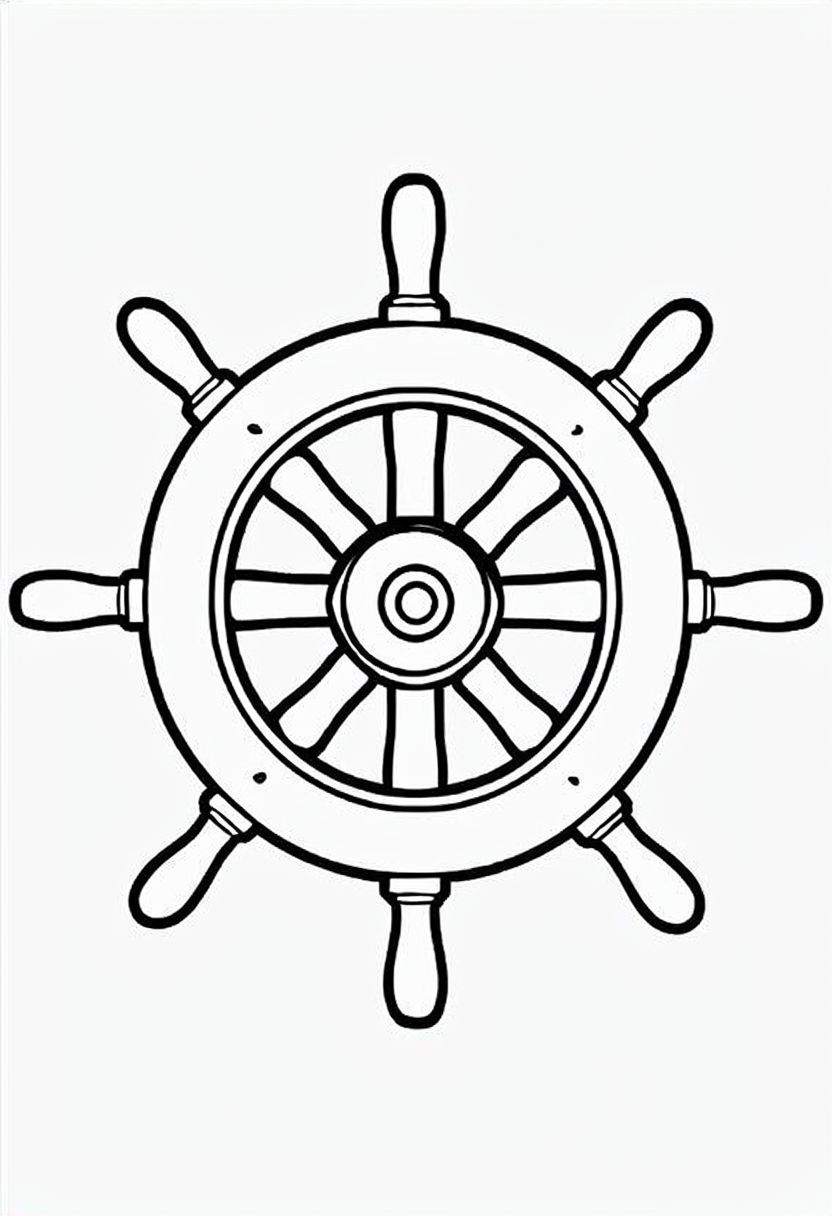 Minimalist Pirate Ship Steering Wheel Line Drawing Coloring Page