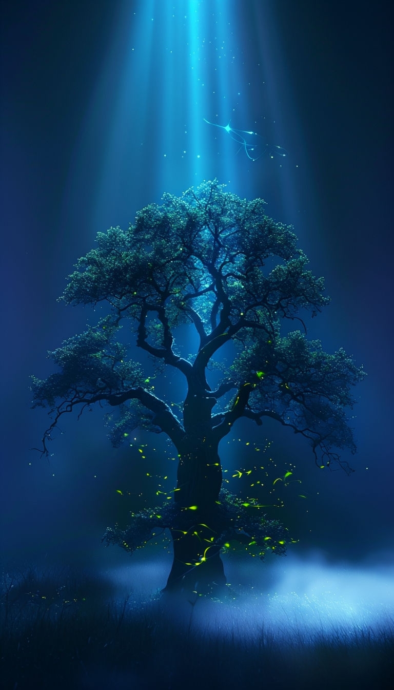 Majestic Oak Tree Under Ethereal Night Sky Mobile Wallpaper