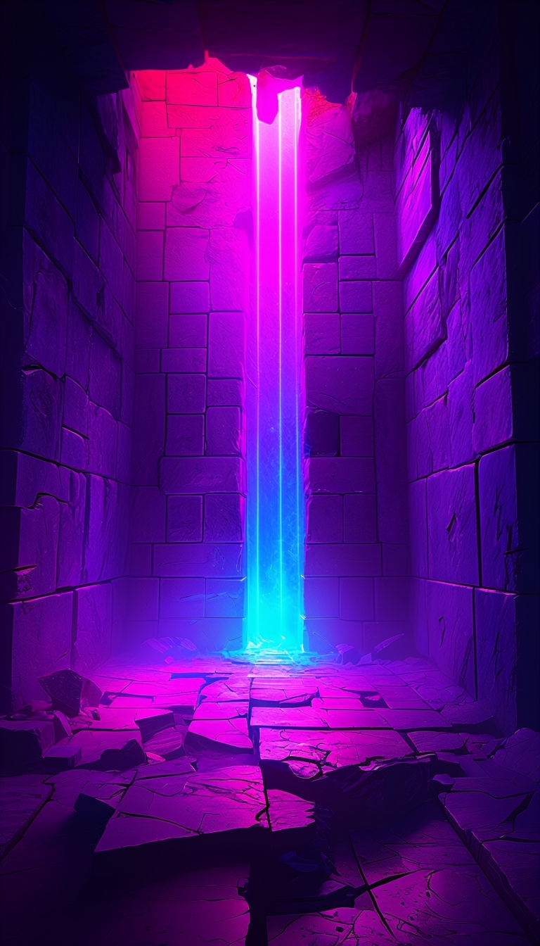 Surreal Neon Light Beam in Ancient Stone Corridor Mobile Wallpaper