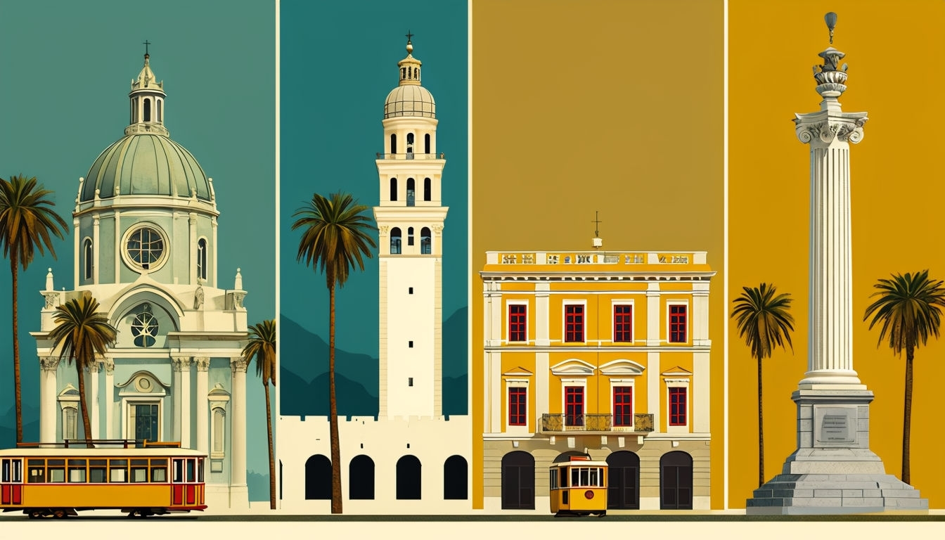 Iconic Lisbon Landmarks Minimalist Illustration Poster