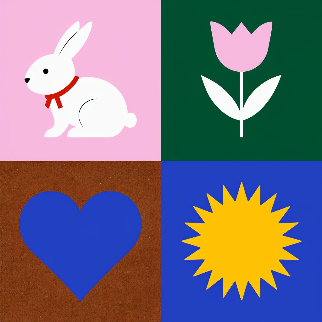 Playful Minimalist Quadrant Design with Bunny, Tulip, Heart, and Sun Seamless Pattern