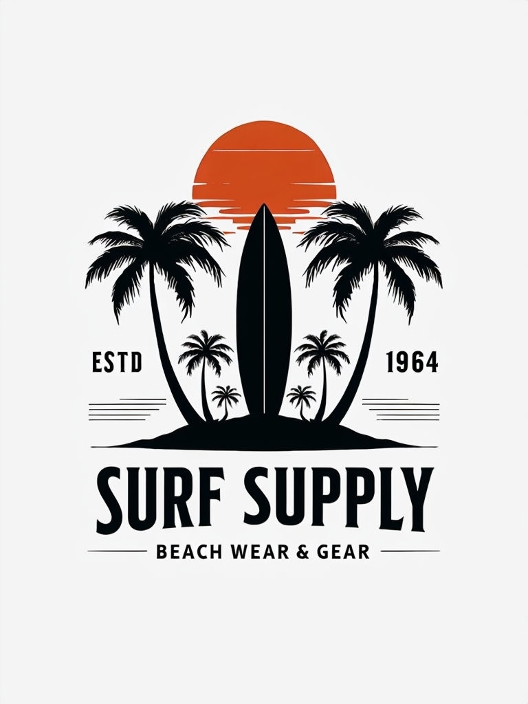 Minimalist Tropical Surf Supply Logo with Palm Trees and Sun