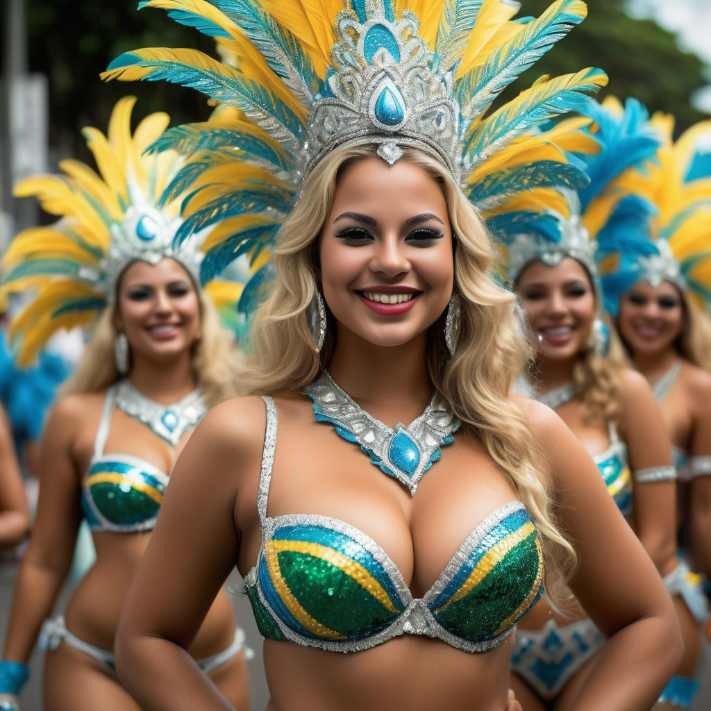 wearing a very sexy bikini and dancing samba. They are all beautiful and  have cute faces and smiles.