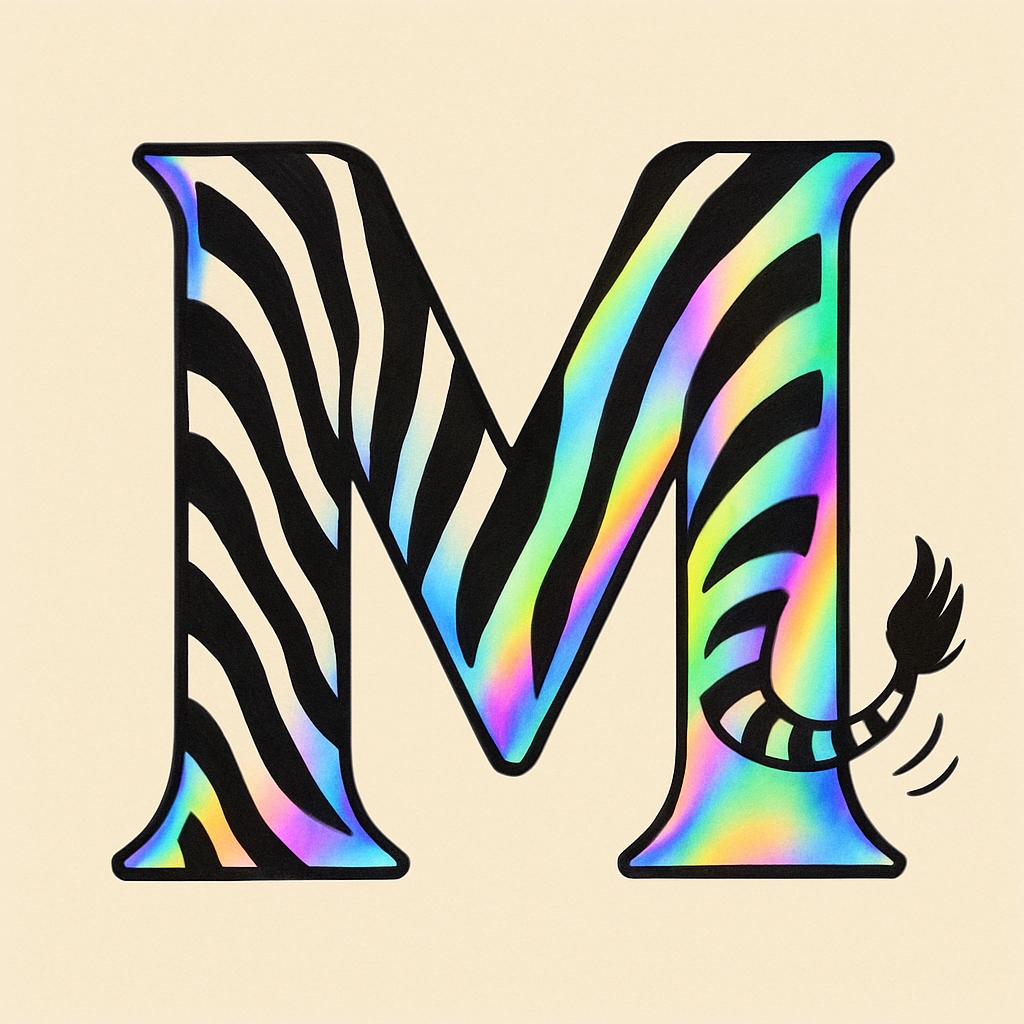 Ornate Iridescent Zebra Striped Letter M Digital Art Monogram