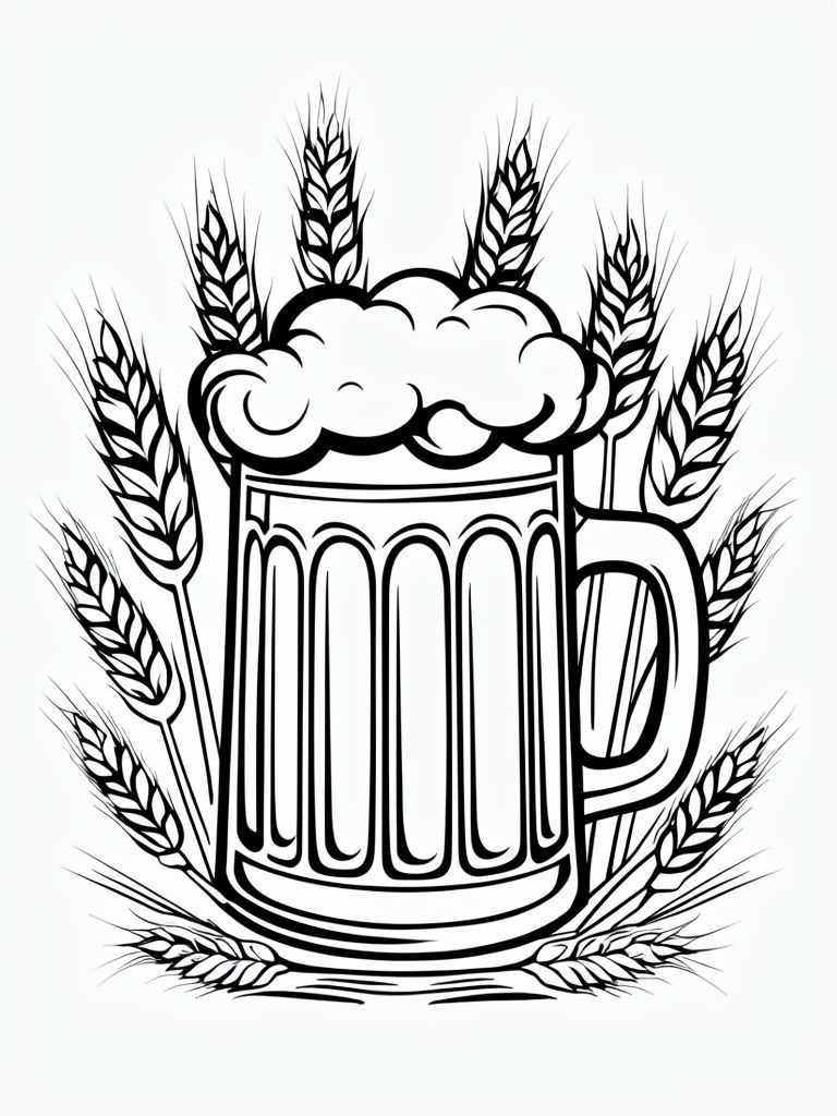 Playful Beer Mug and Wheat Stalks Line Art Coloring Page