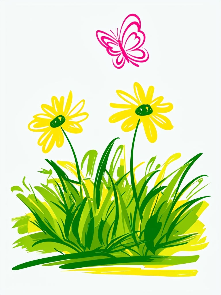 Whimsical Children's Garden Scene with Butterfly Illustration Art