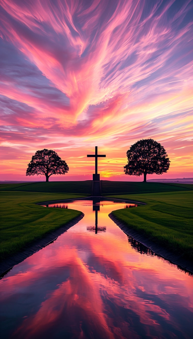 Serene Sunset Landscape with Reflective Water and Cross Mobile Wallpaper