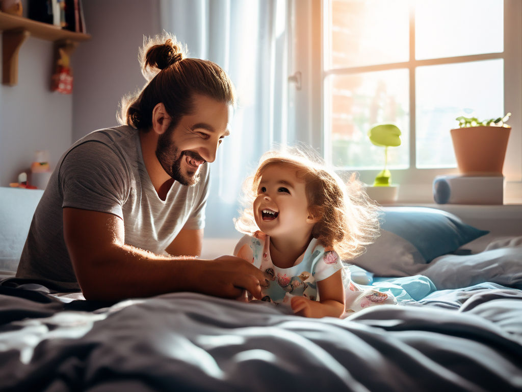 Father and daughter lying on the bed. Smiling daughter. Dad on cell phone.