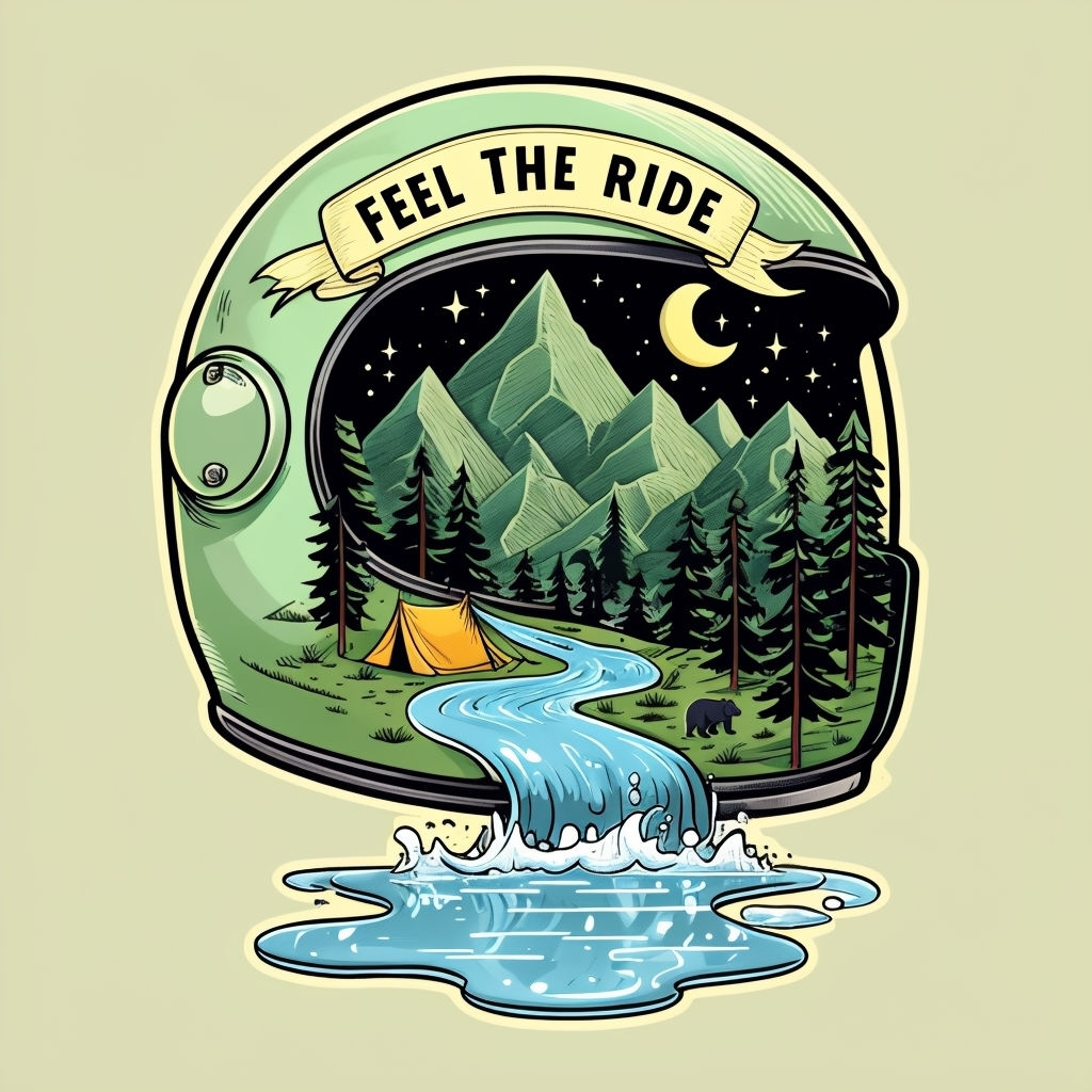 Vibrant Motorcycle Helmet with Nature Scene and Feel the Ride T-shirt