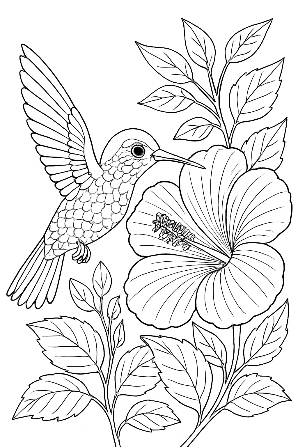 Hummingbird and Flower Nature Illustration for Coloring Book Pages