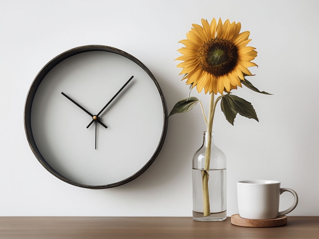 Minimalist Still Life with Clock, Vase, and Sunflower Photo Mockup