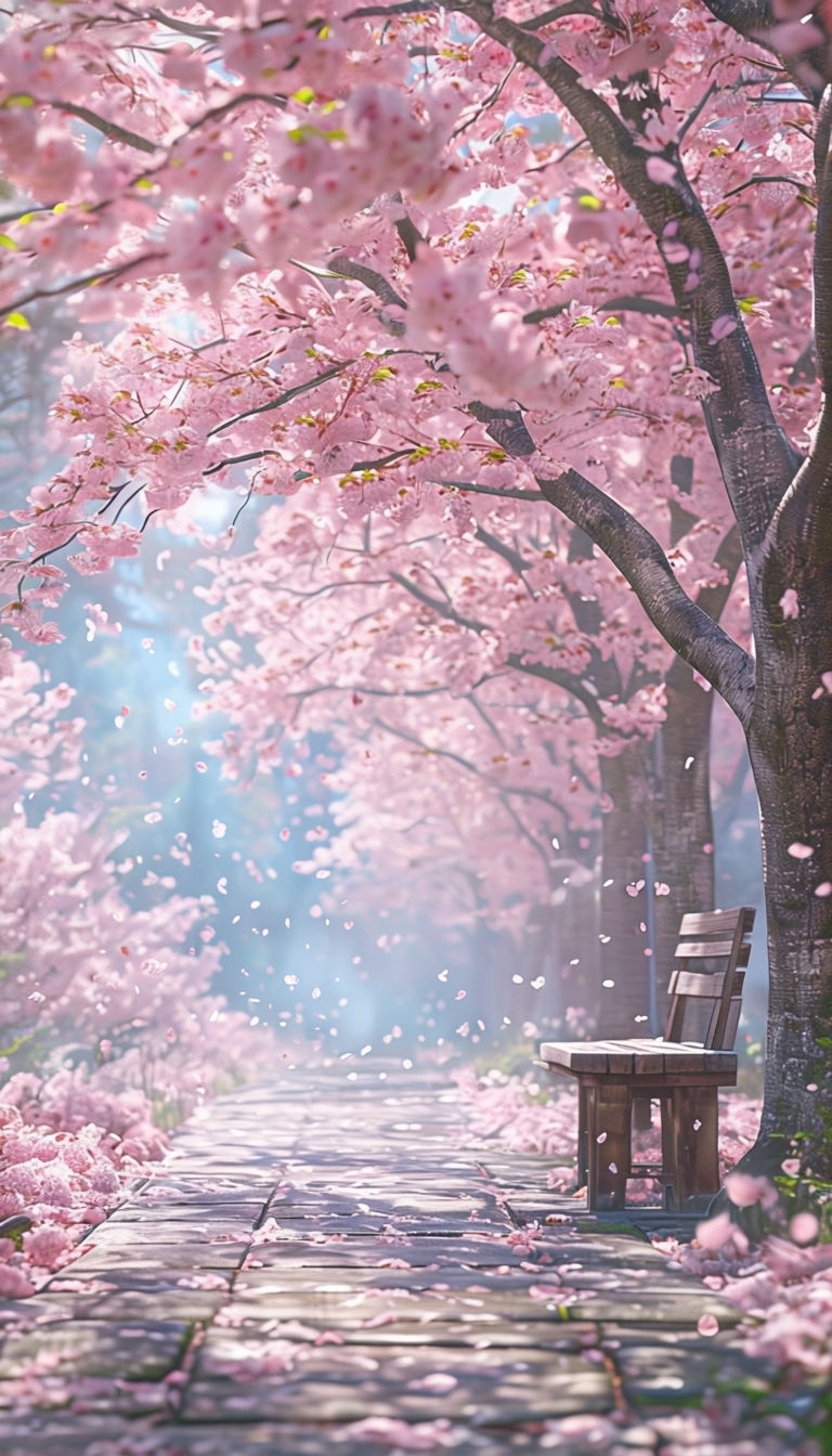 Tranquil Cherry Blossom Pathway Under Dappled Sunlight Mobile Wallpaper