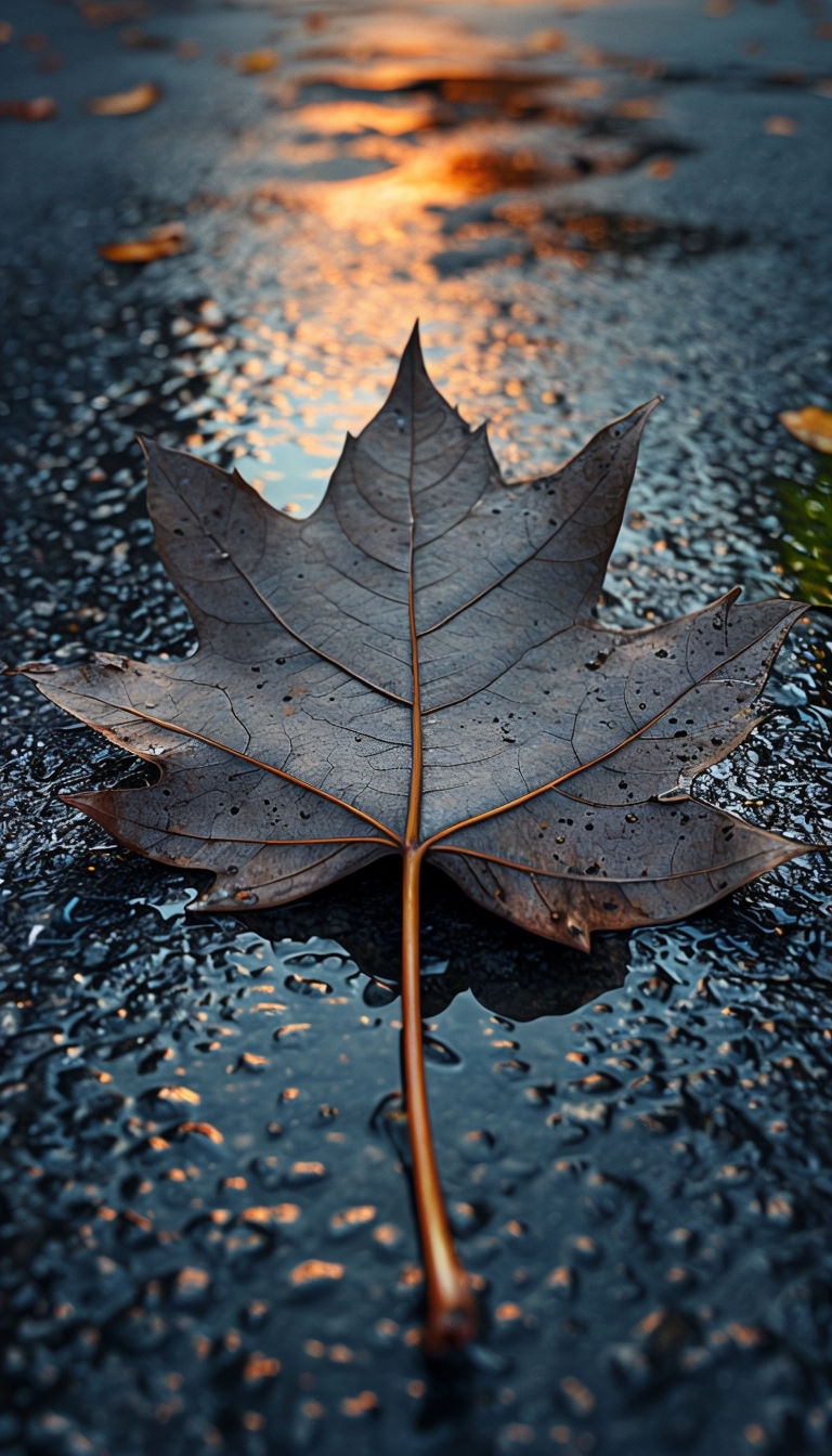 Serene Autumn Leaf Close-Up on Rain-Soaked Asphalt Mobile Wallpaper