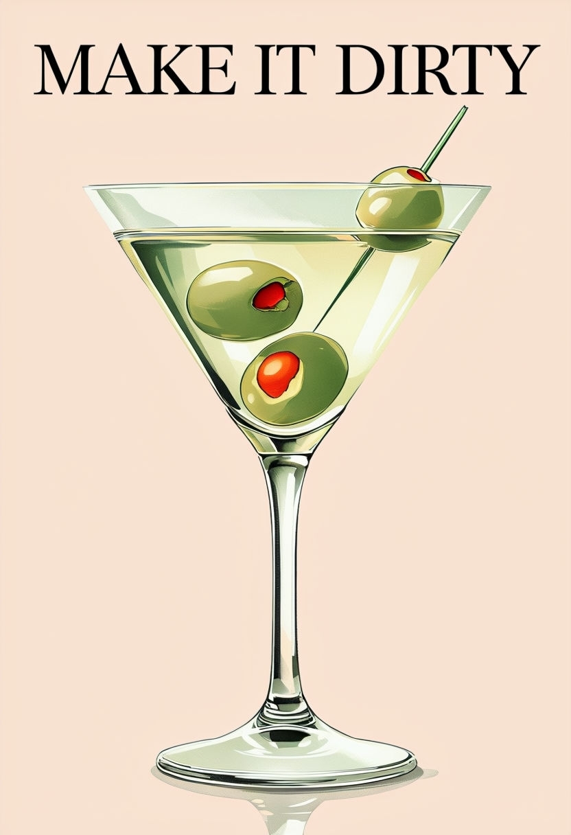 Elegant Martini Glass Illustration with Make It Dirty Text Poster