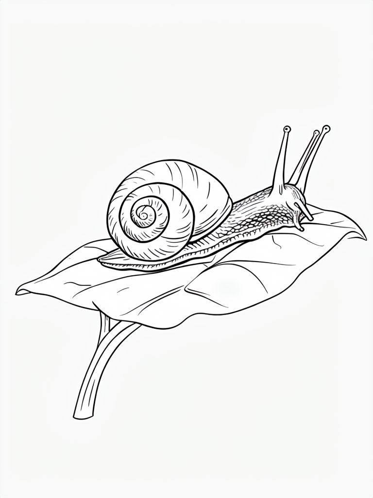 Simple Line Drawing of a Snail on a Leaf Coloring Book Page