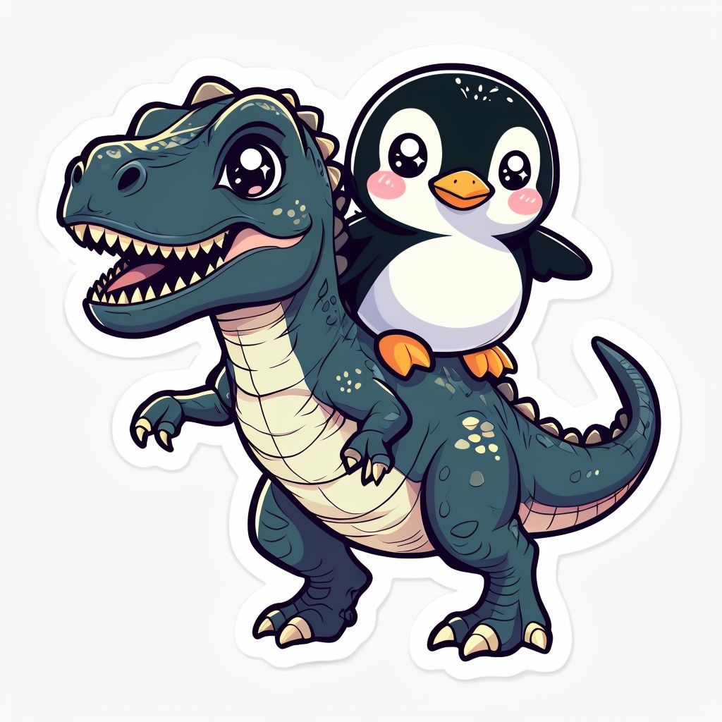 Cheerful Cartoon Dinosaur and Penguin Characters Sticker