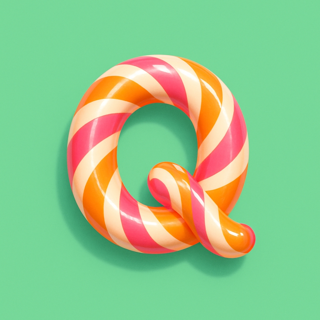 Candy-Inspired 3D Letter Q Illustration on Pastel Green Background Monogram