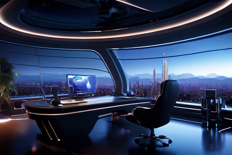 A futuristic mafia kingpin's opulent sci-fi office with pano... by ...