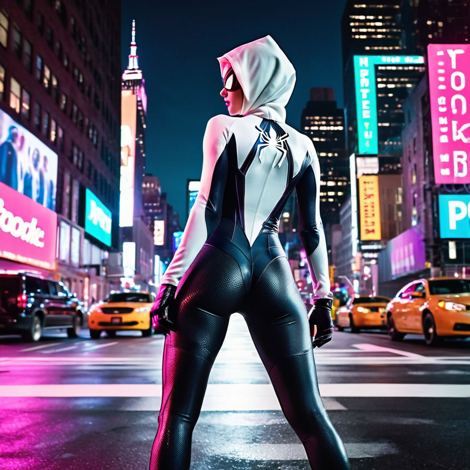 with a Spider-Gwen cosplay suit underneath