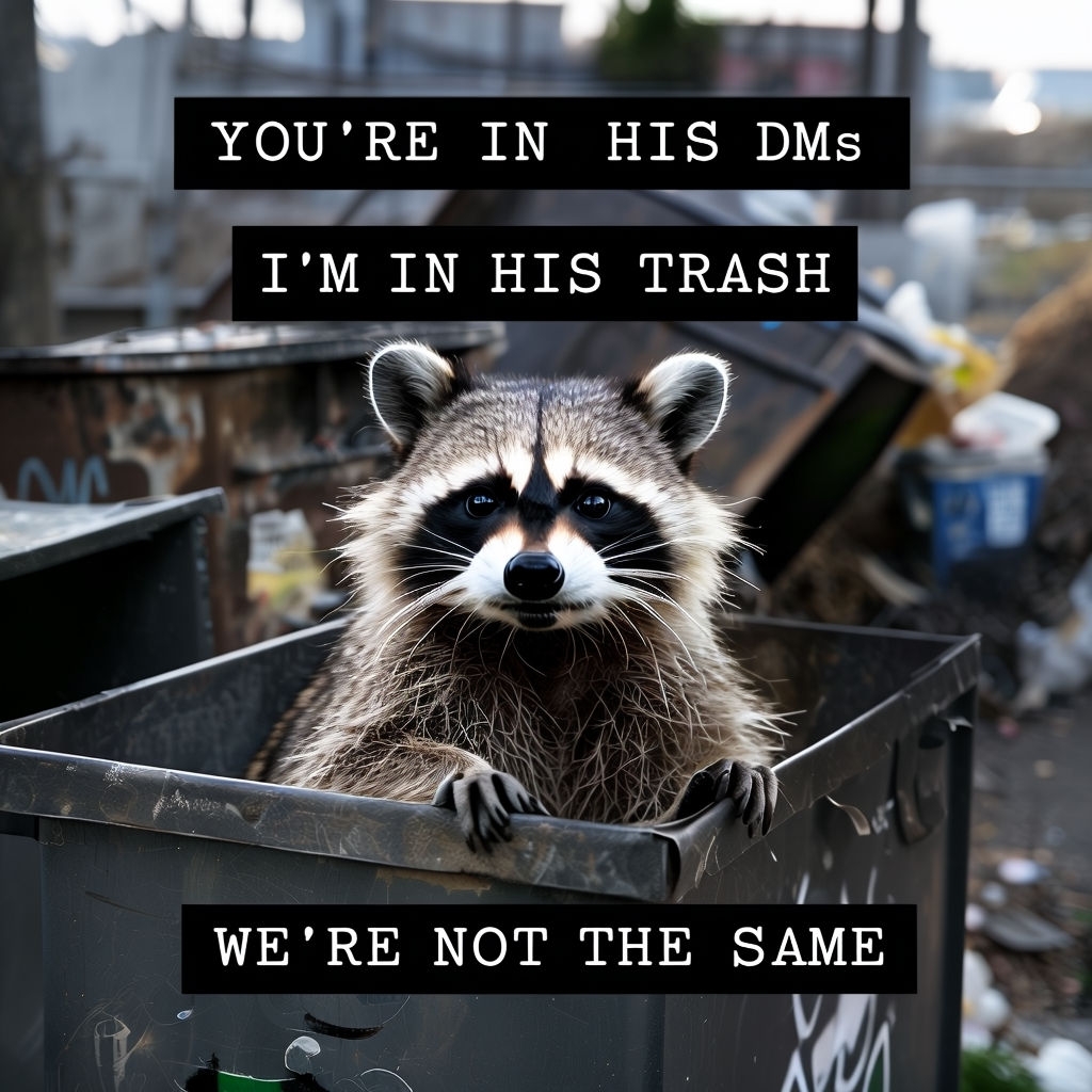Humorous Raccoon in Trash Bin with Funny Text Overlay Social Media Post