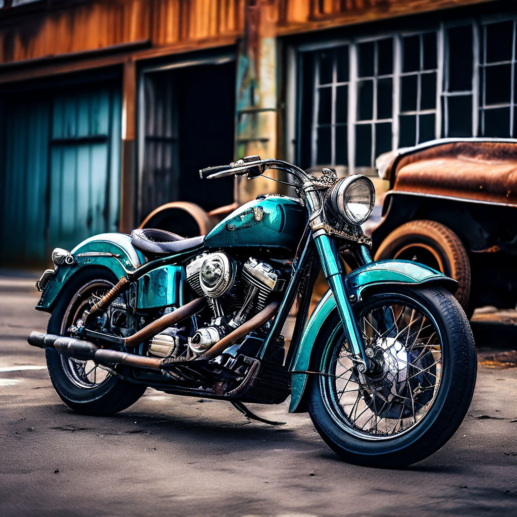 Vintage teal harley davidson motorcycle with black wheels an... by Rona ...