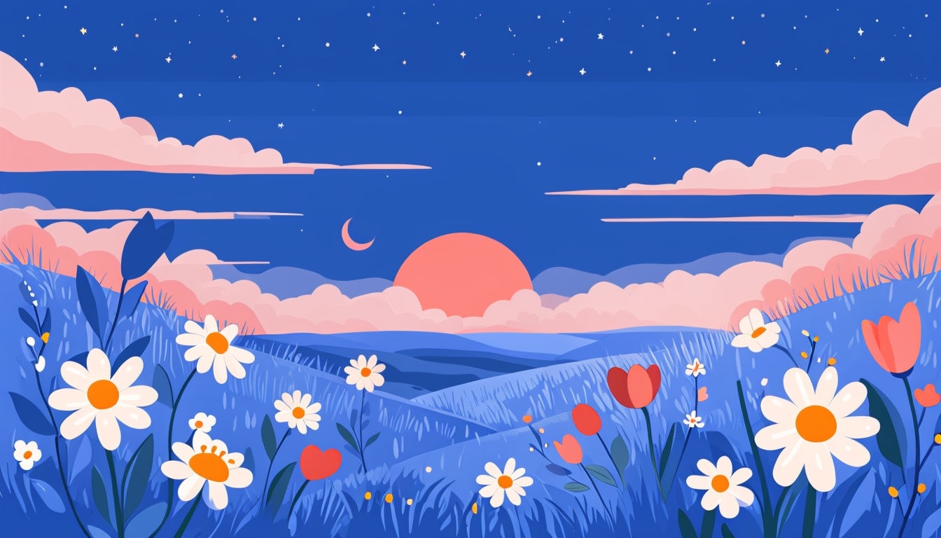 Whimsical Cartoon Meadow with Flowers and Serene Sky Virtual Backgrounds