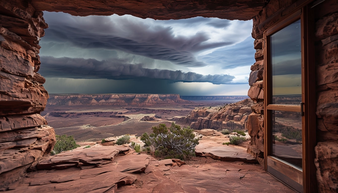 Rustic Stone Shelter Framing Dramatic Moab Desert Landscape Virtual Backgrounds