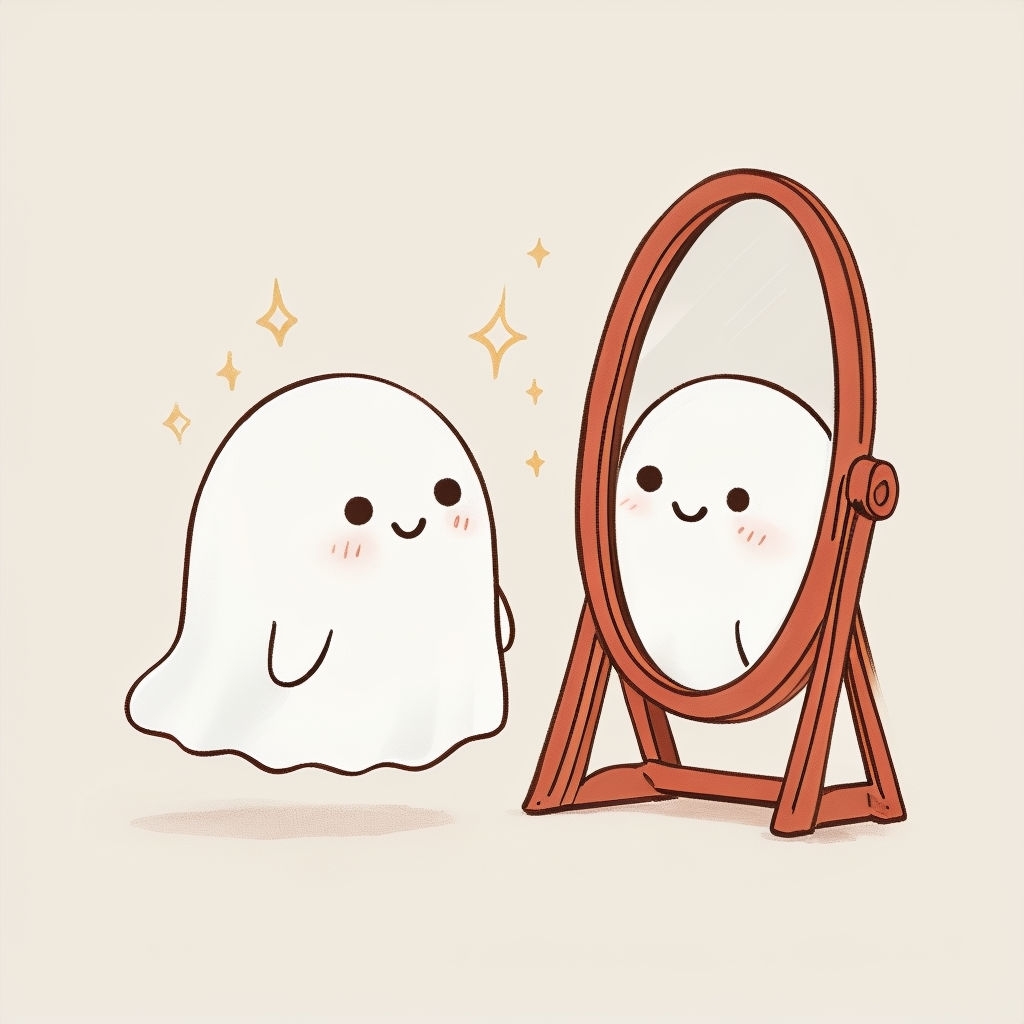 Cheerful Ghost Character with Mirror and Stars T-Shirt