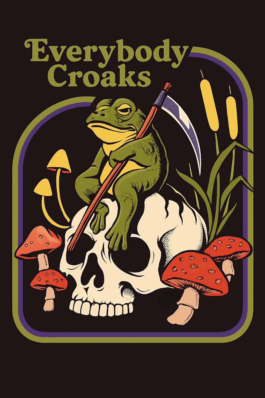 Whimsical Green Frog on Skull with Scythe T-Shirt