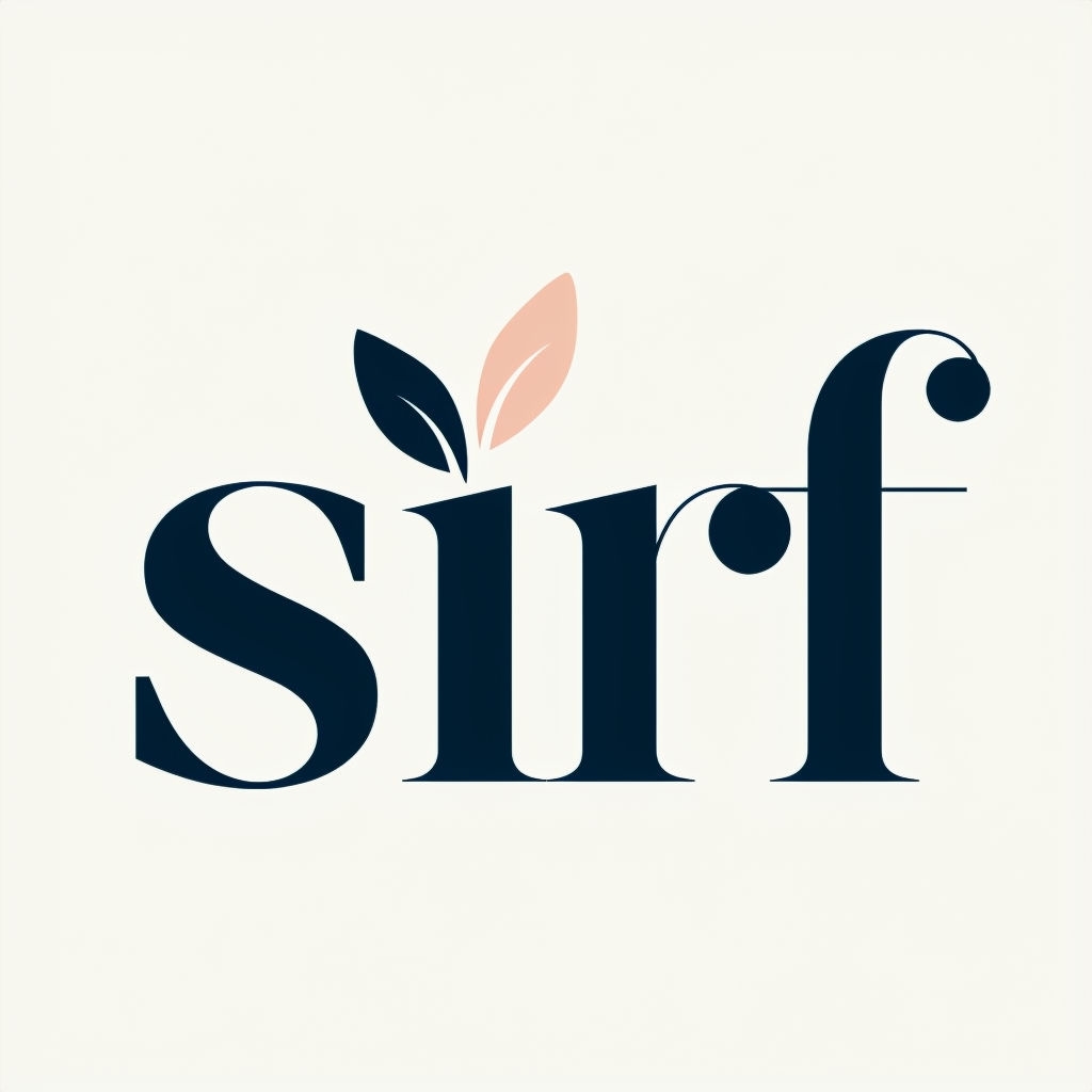 Elegant Navy Blue Serif Logo with Leaf Accents and Peach Detail