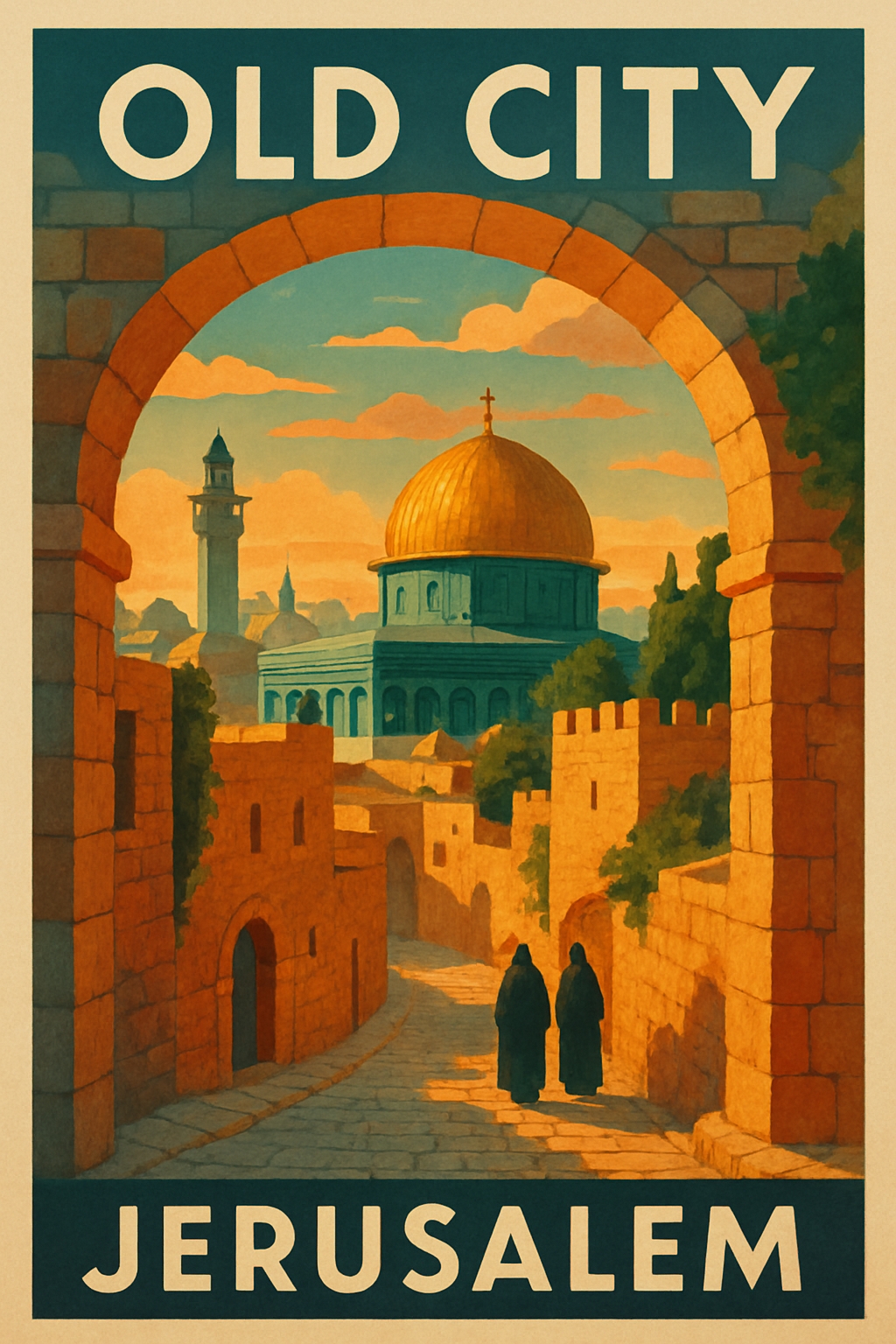 Vintage Jerusalem Old City Travel Poster with Iconic Archway